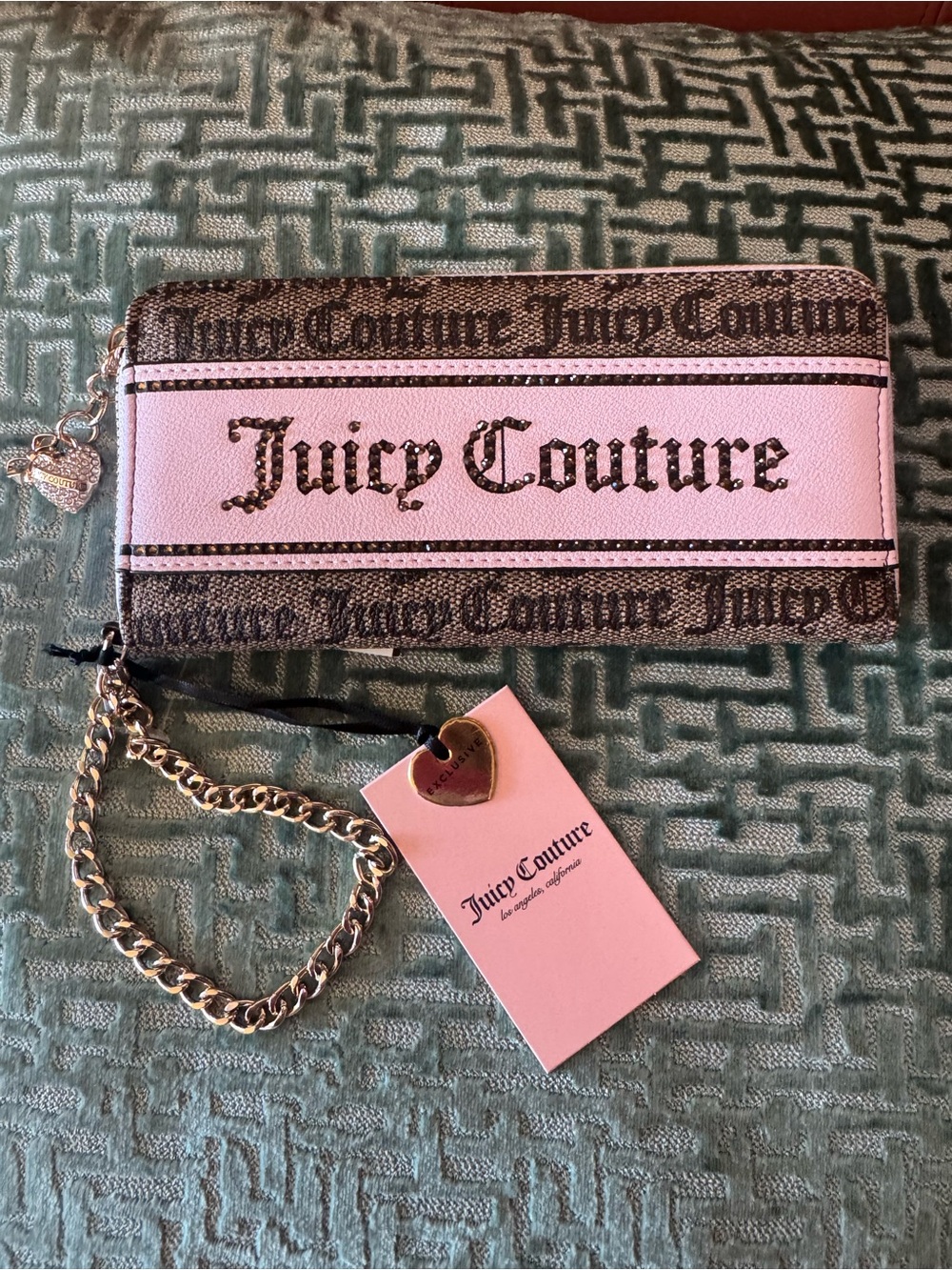 NWT Juicy Couture Pink and Brown Zip Wristlet with Chain Wrist Strap & Charm 💖